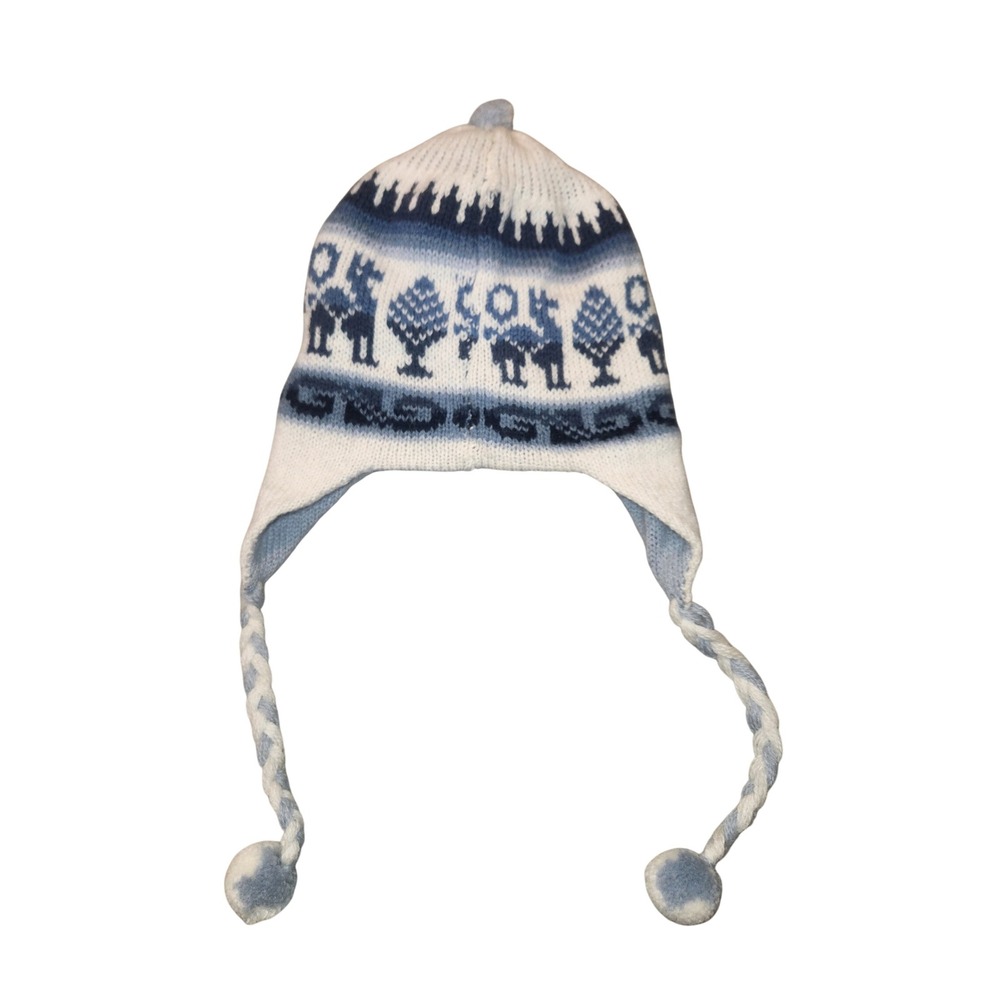 Blue White Knit Llama Chullo Earflap‎ Hat Reversible Braided Tassel Pom Pom Boho